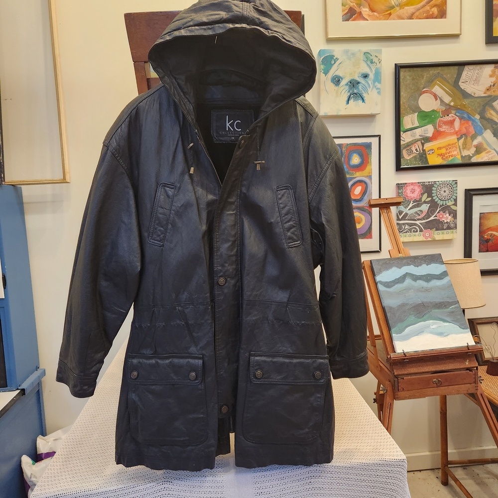 Women's Black Hooded Leather Parka